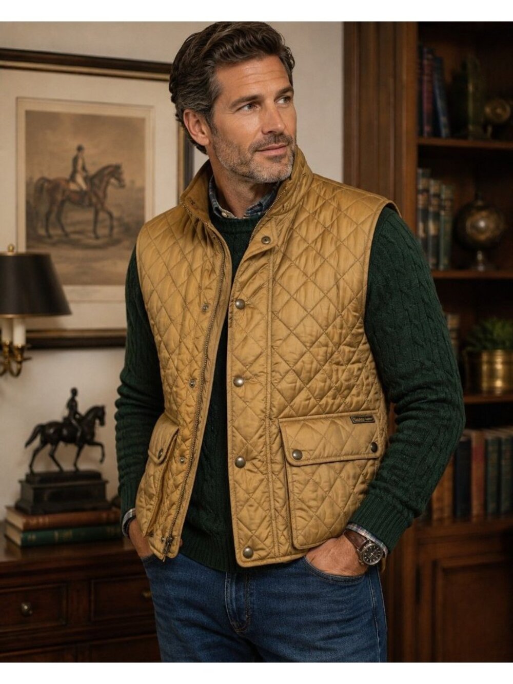 Polo Ralph Lauren Polo Club Quilted Equestrian Riding Vest Gold Tan Mens Medium